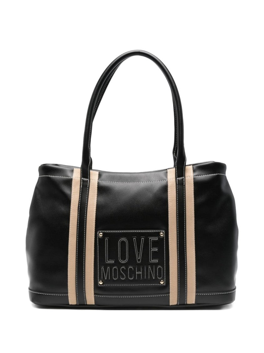 Love Moschino Sleek Black Tote Bag With Beige Stripes And Embossed Detail