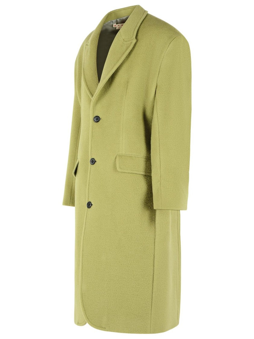 Marni Loose Fit Green Wool Coat With Peak Lapels