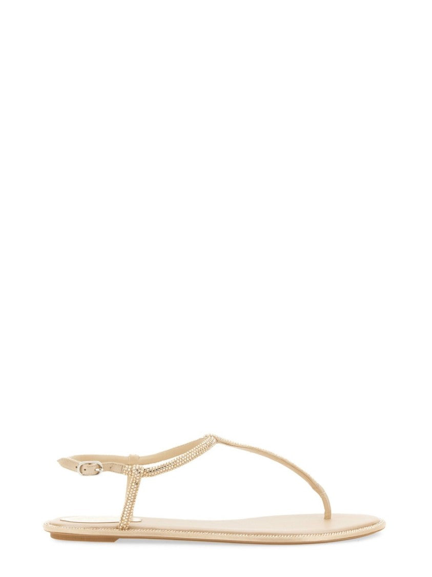 René Caovilla Diana Minimalist Embellished Flat Leather Sandals
