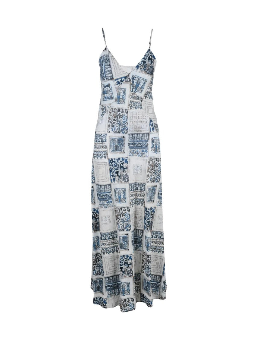 Eleventy Blue Beige Long Flared Linen Dress