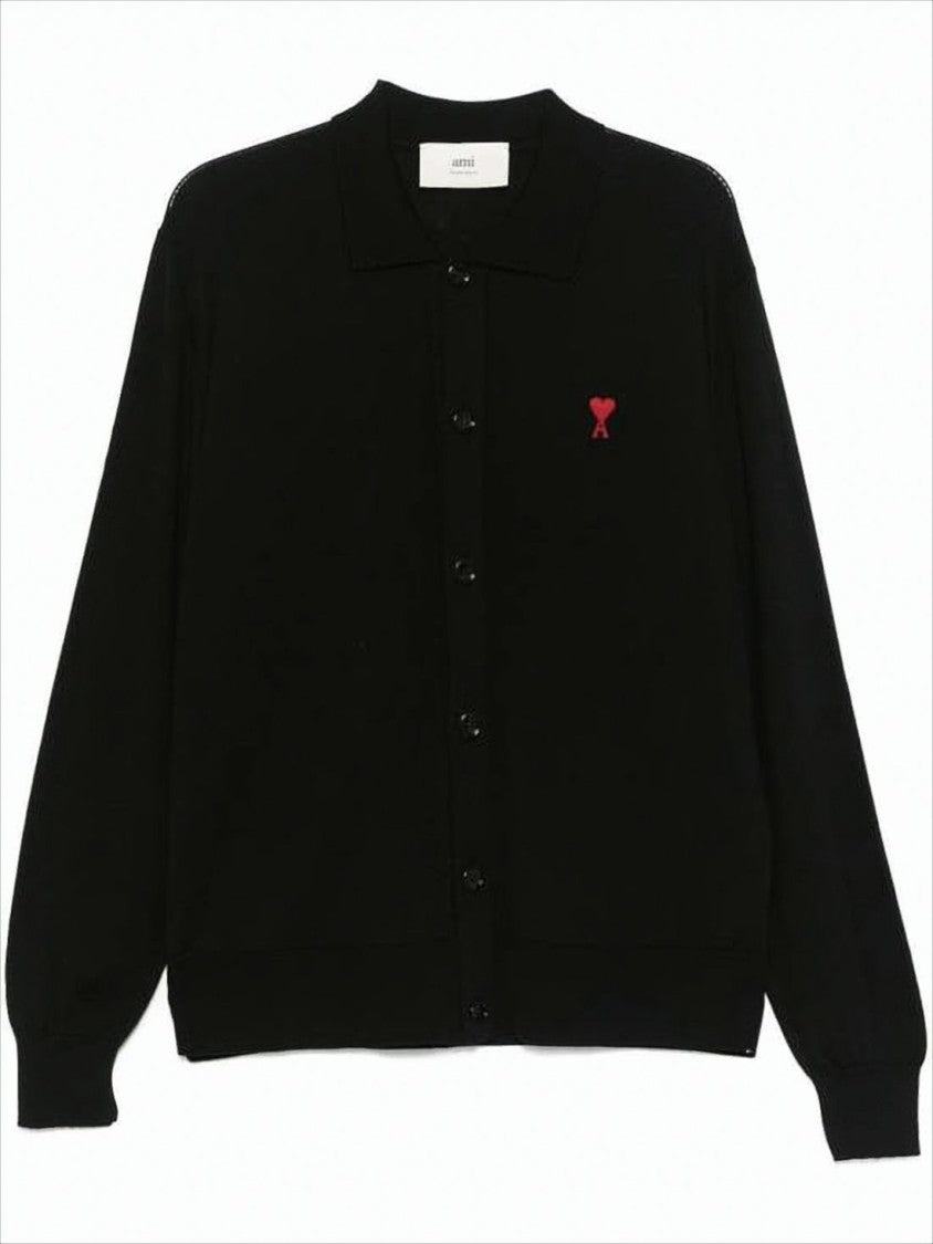 Ami Button-Up Black Wool Cardigan With Classic Collar