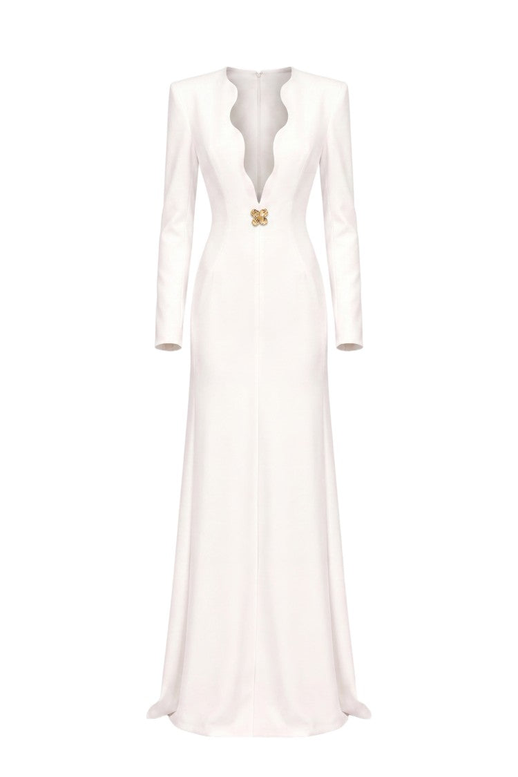 Saiid Kobeisy Floor-Length Fitted Dress With Sculpted Scalloped Plunge Neckline