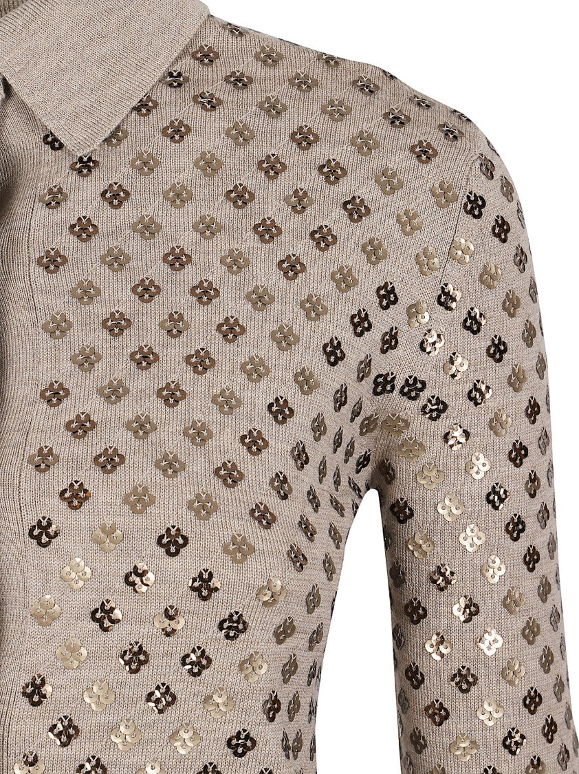 Max Mara Cropped Sweater With Classic Collar And Sequined Pattern
