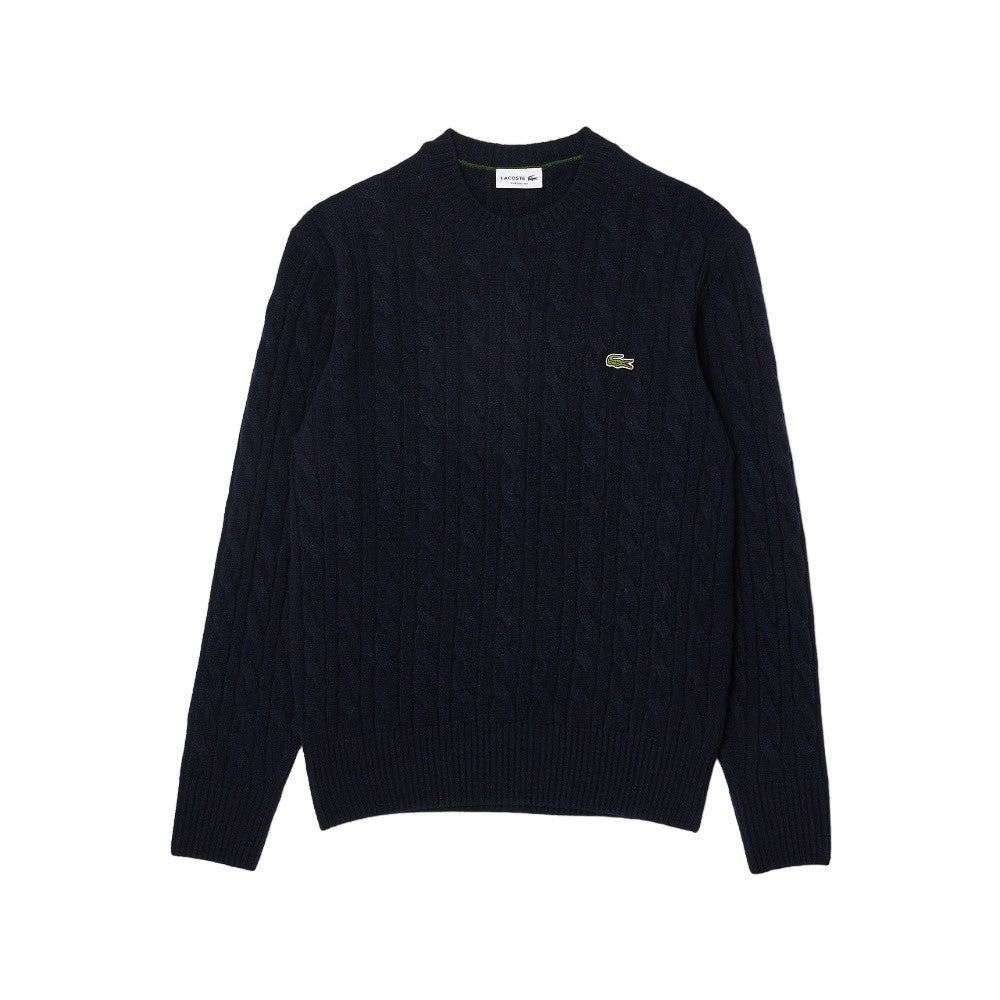 Lacoste Classic Cable Knit Pullover In Rich Blue Wool