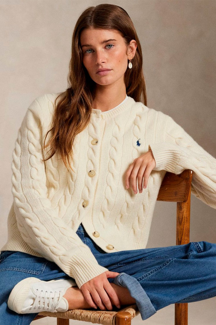 Polo Ralph Lauren Cream Wool-Cashmere Blend Cable-Knit Cardigan
