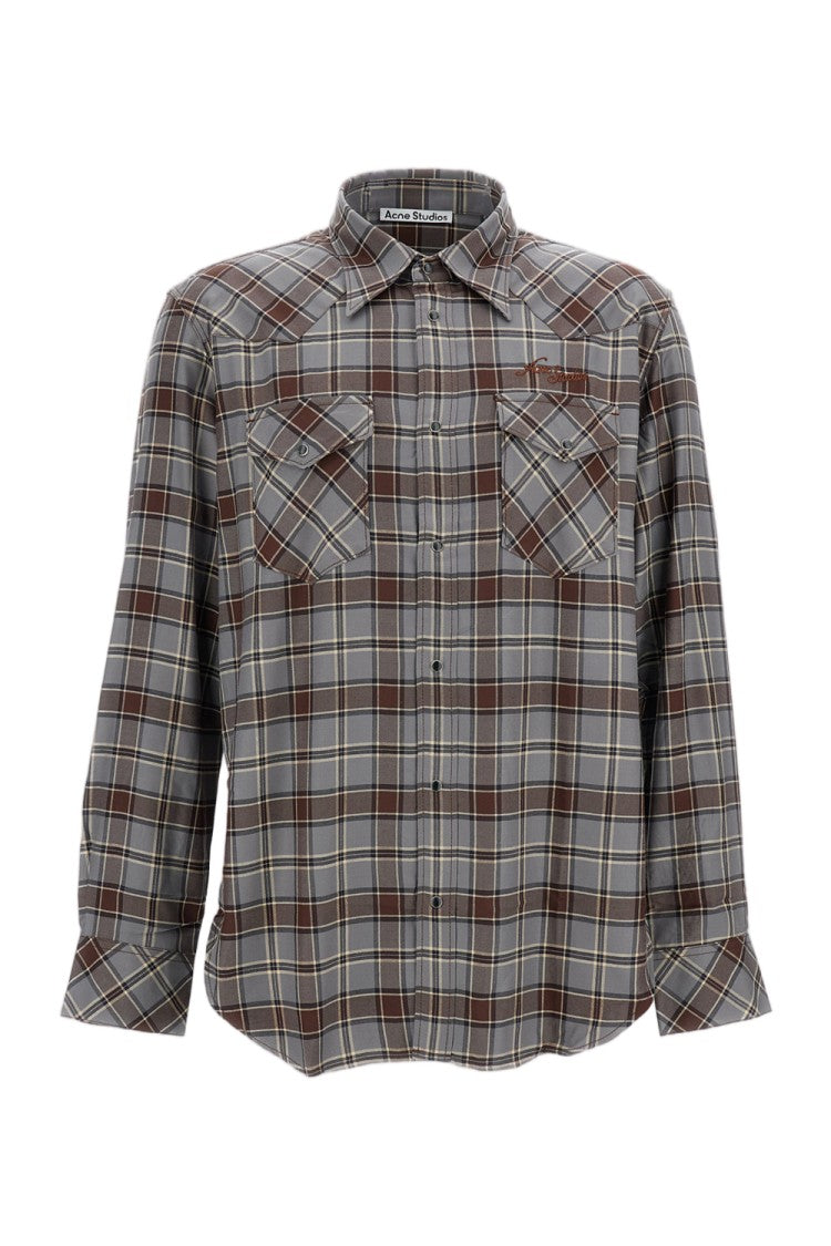 Acne Studios Brown/Grey Plaid Cotton Button-Down Chest Pockets Shirt