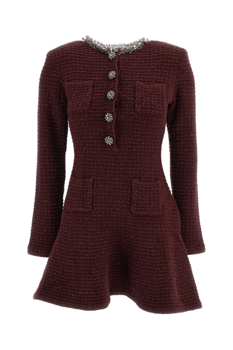 Self-Portrait Burgundy Beaded Textured Waffle-Knit Mini Dress
