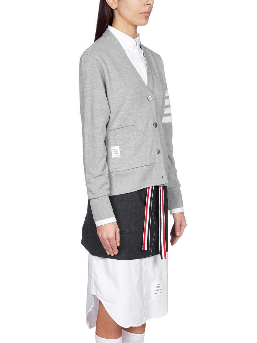 Thom Browne V-Neck Button-Down Grey Cardigan With Signature Stripes