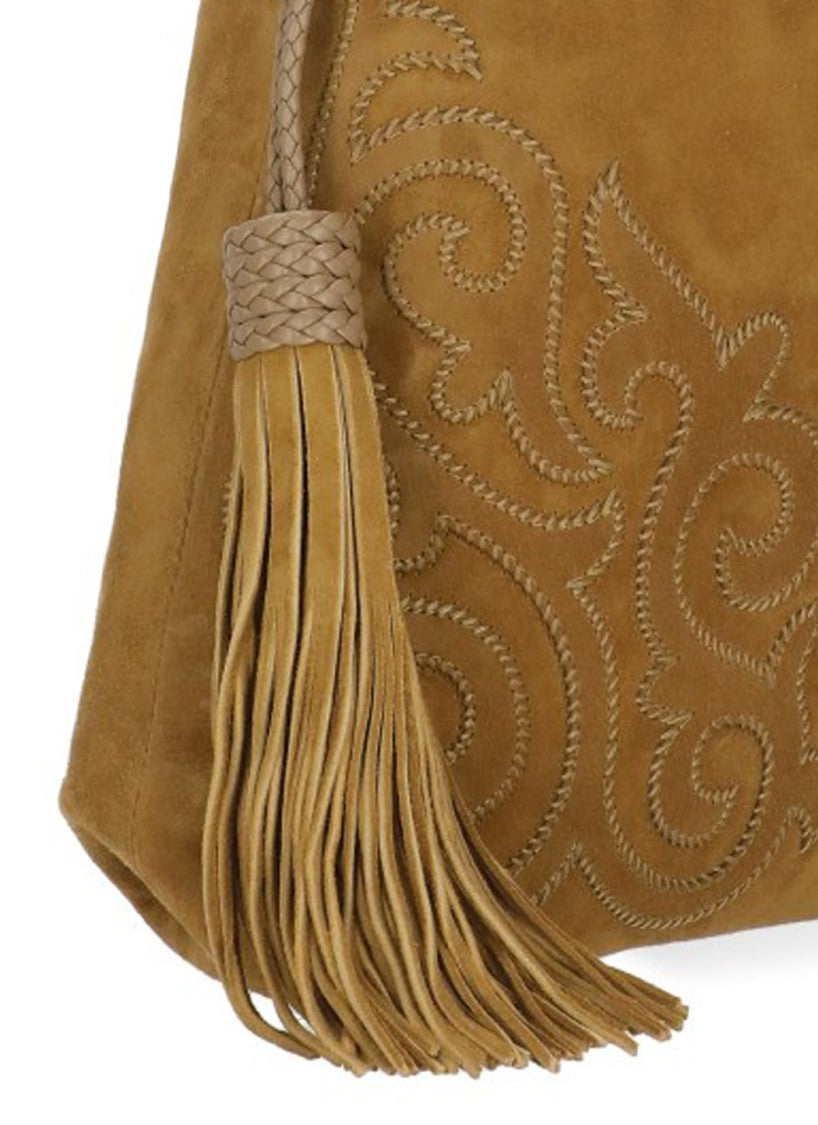 Etro Beige Kalispero Embroidered Fringe Suede Bag