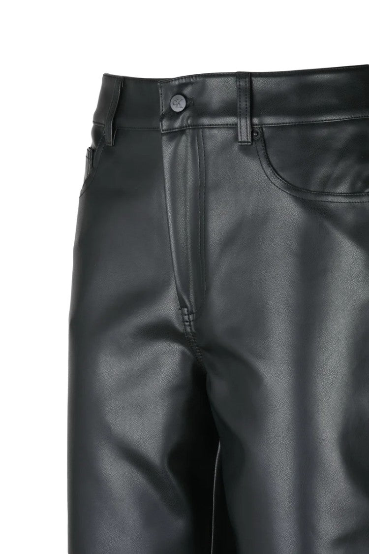 Calvin Klein Jeans Straight-Leg Black Faux Leather Trousers With Mid-Rise Waist And Classic Detailing