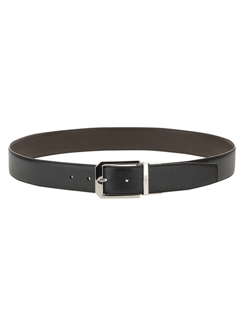 Zegna Reversible Polished Silver Buckle Cow Leather Belt