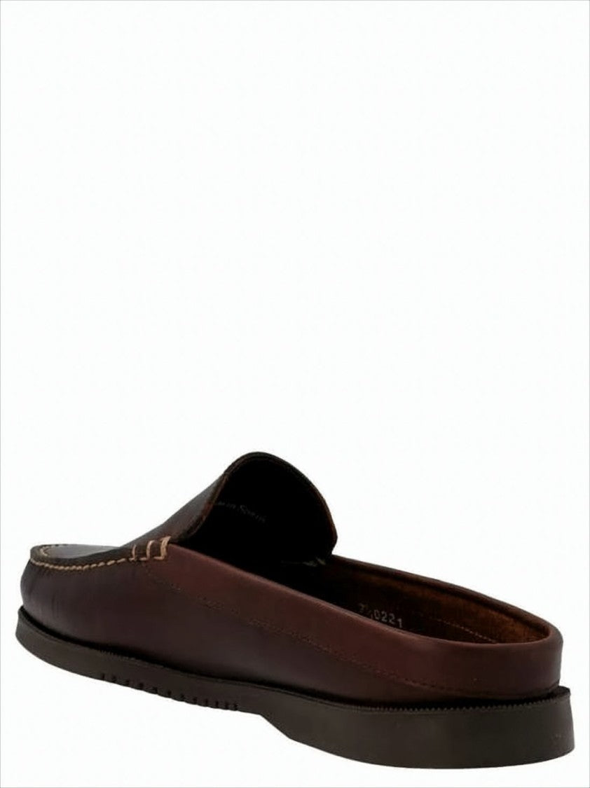 Paraboot Backless Dark Brown Leather Loafers With Signature Stitching