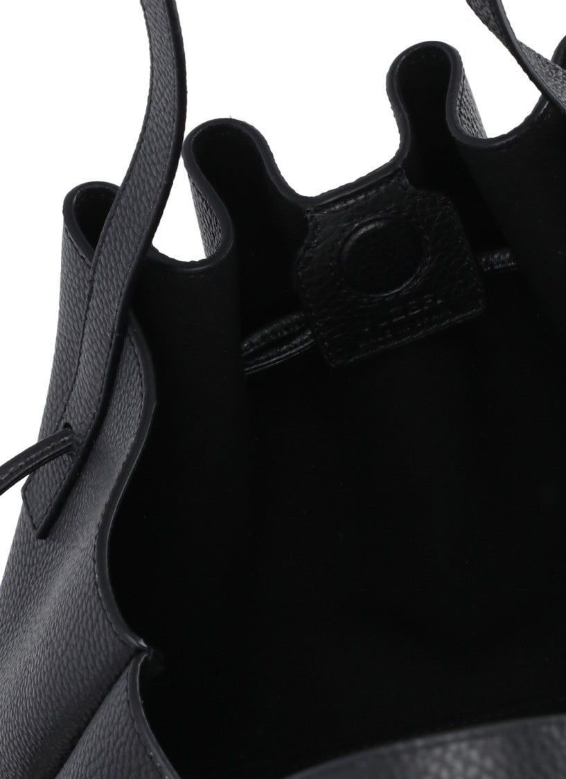 Yuzefi Draped Black Leather Shoulder Bag With Scalloped Structure