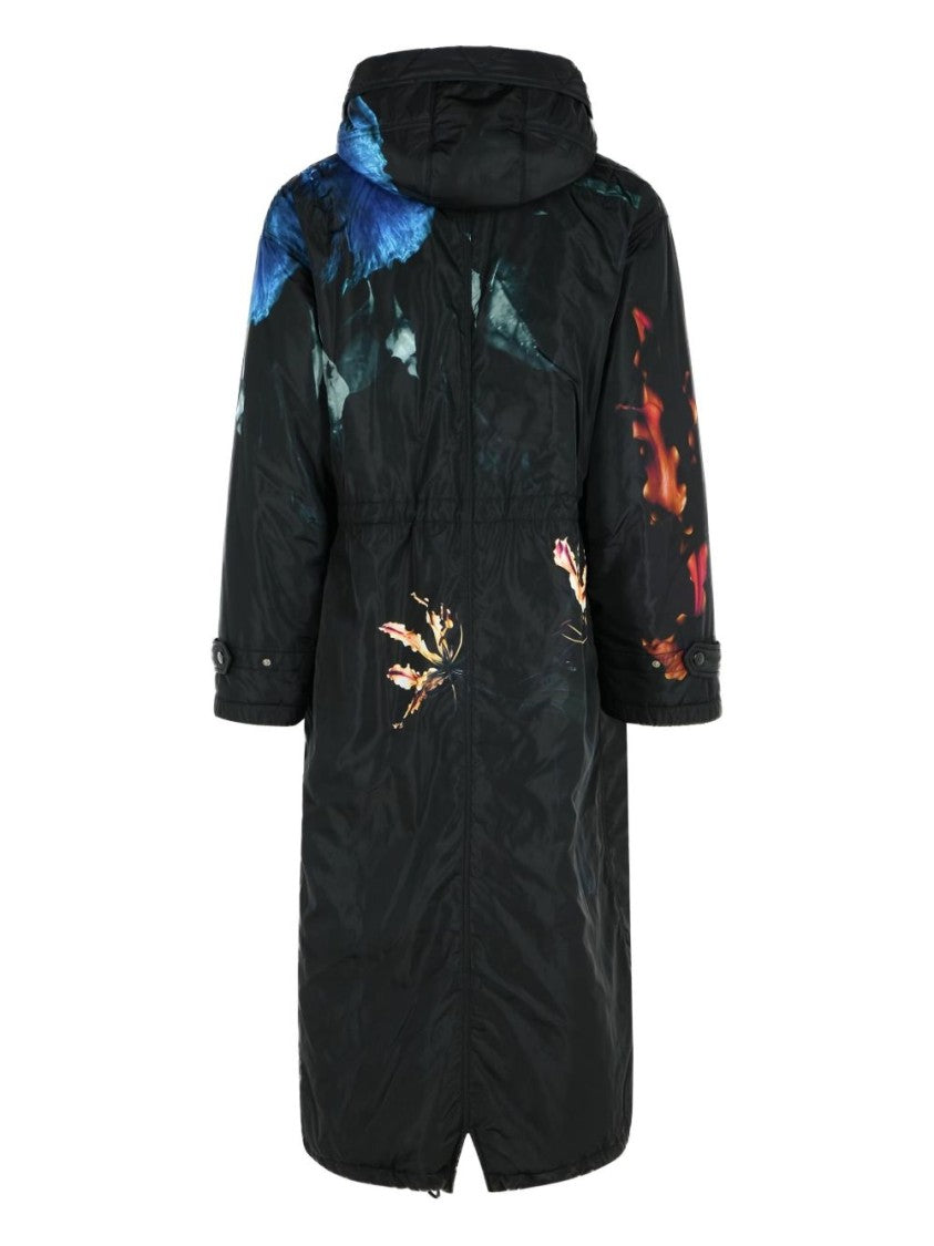 Dries Van Noten Floral Print Long Parka With Drawstring Hood And Functional Pockets