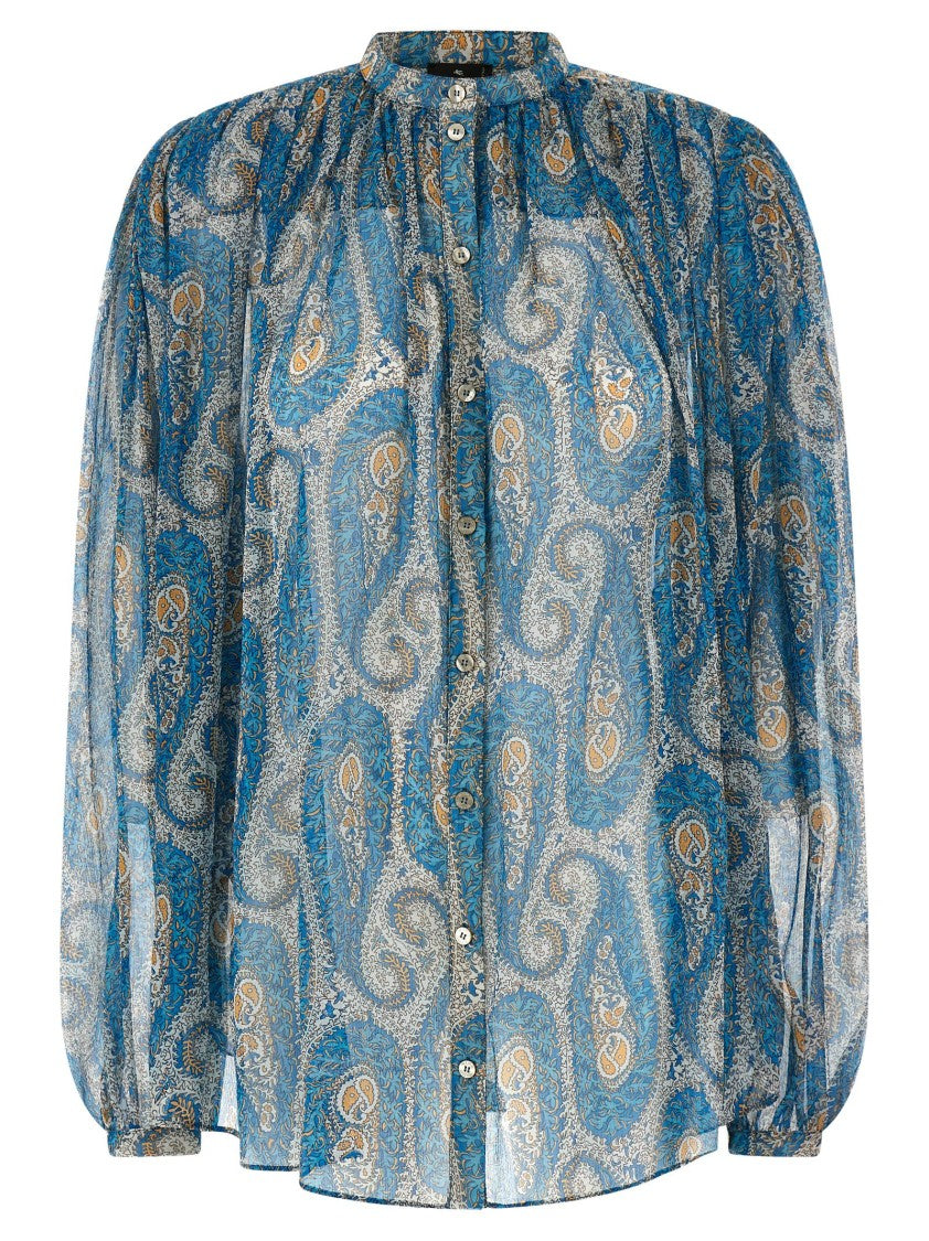 Etro Patterned Silk Georgette Shirt With Crinkled Shoulders And Wide Sleeves