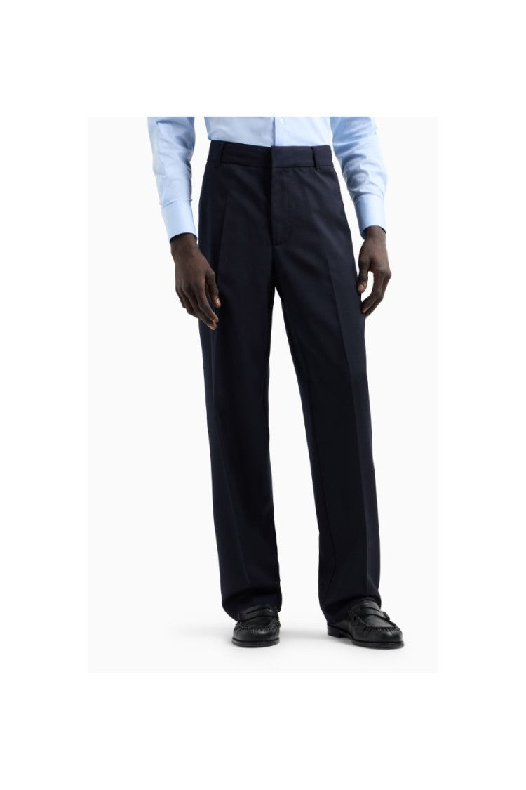 Emporio Armani Navy Flat-Front Virgin Wool Straight-Leg Pants