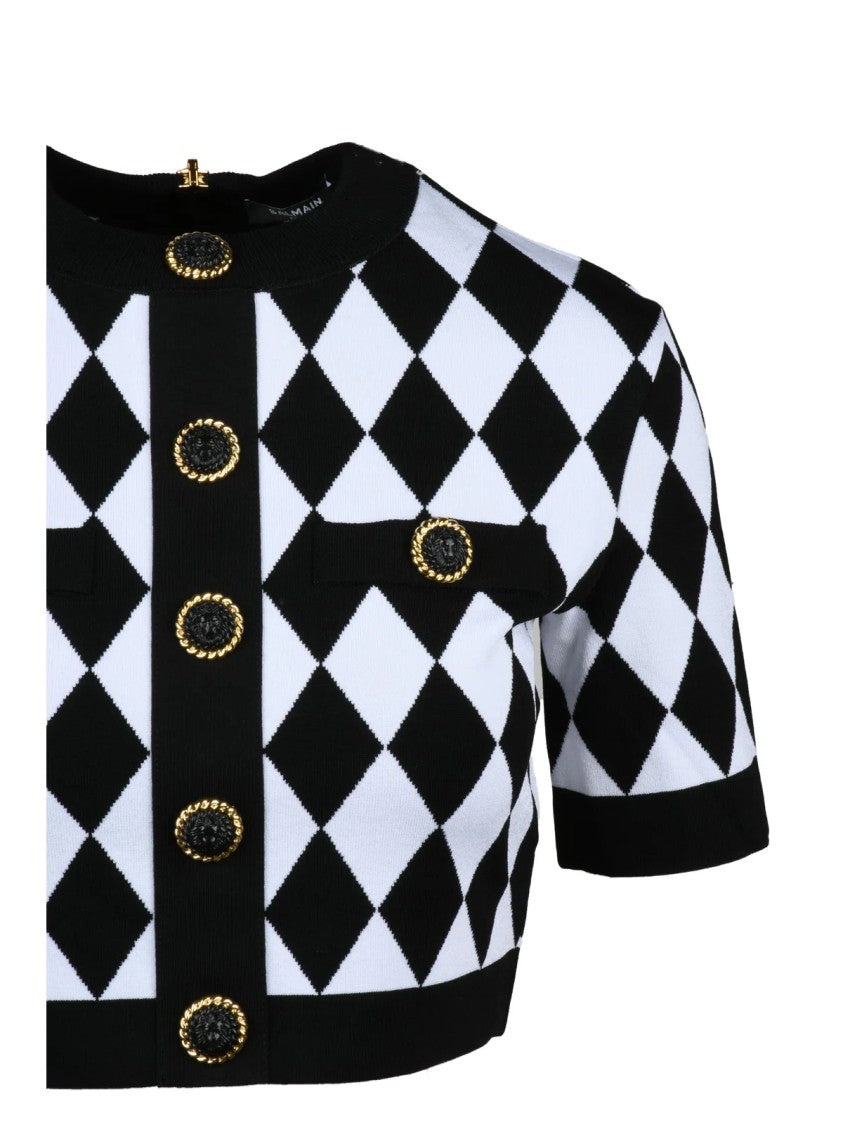 Balmain Diamond Checkered Cropped Top With Gold Button Detail