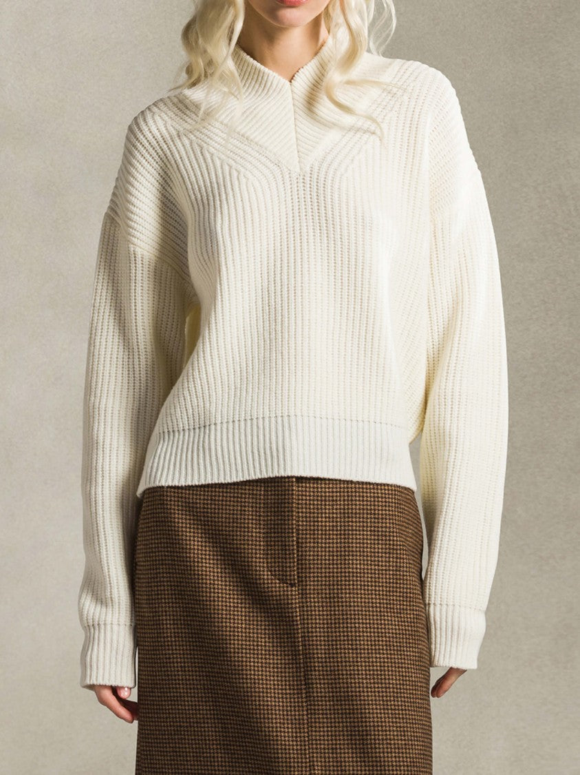 Cruna Ribbed Knit Sweater With Mock Neck And Chevron Pattern