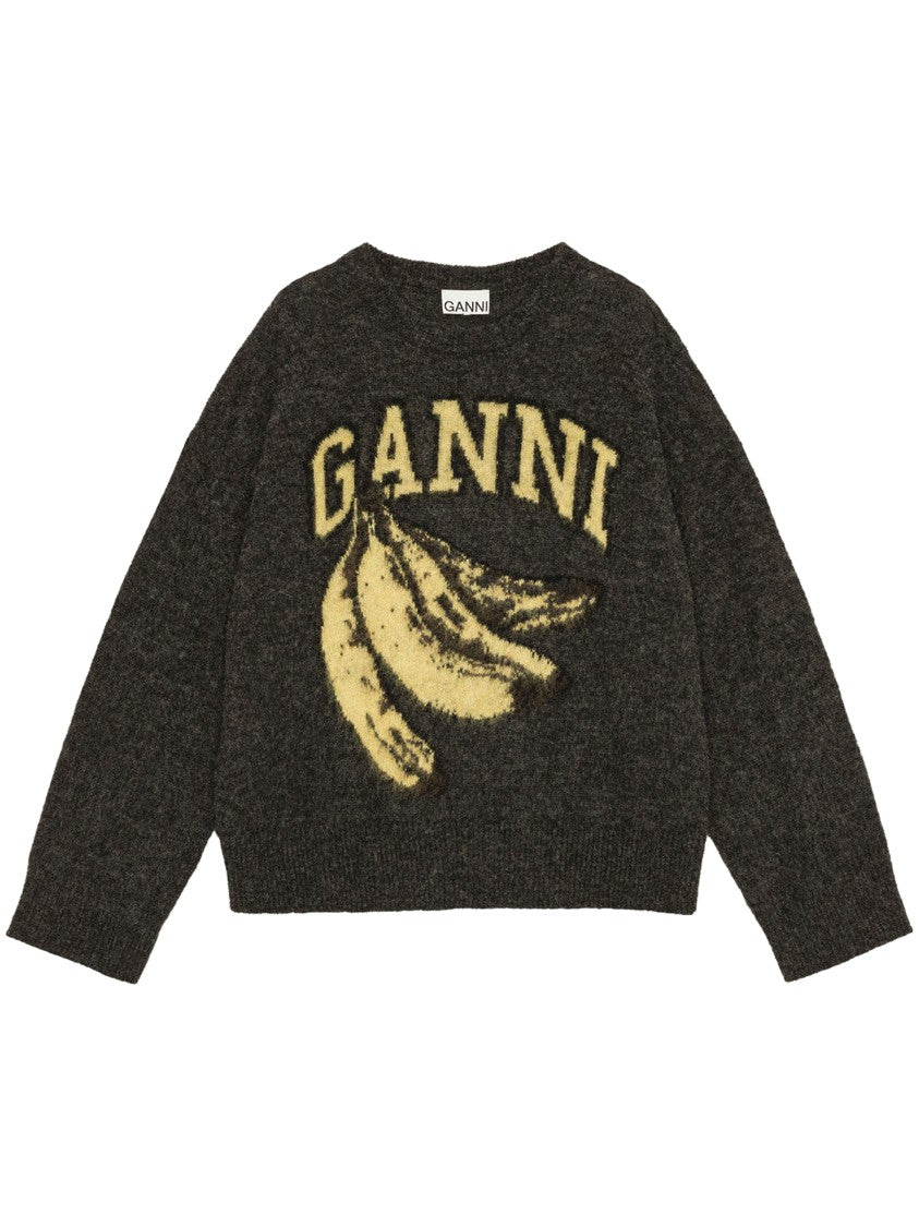 Ganni Oversized O-Neck Sweater In Fuzzy Alpaca Blend