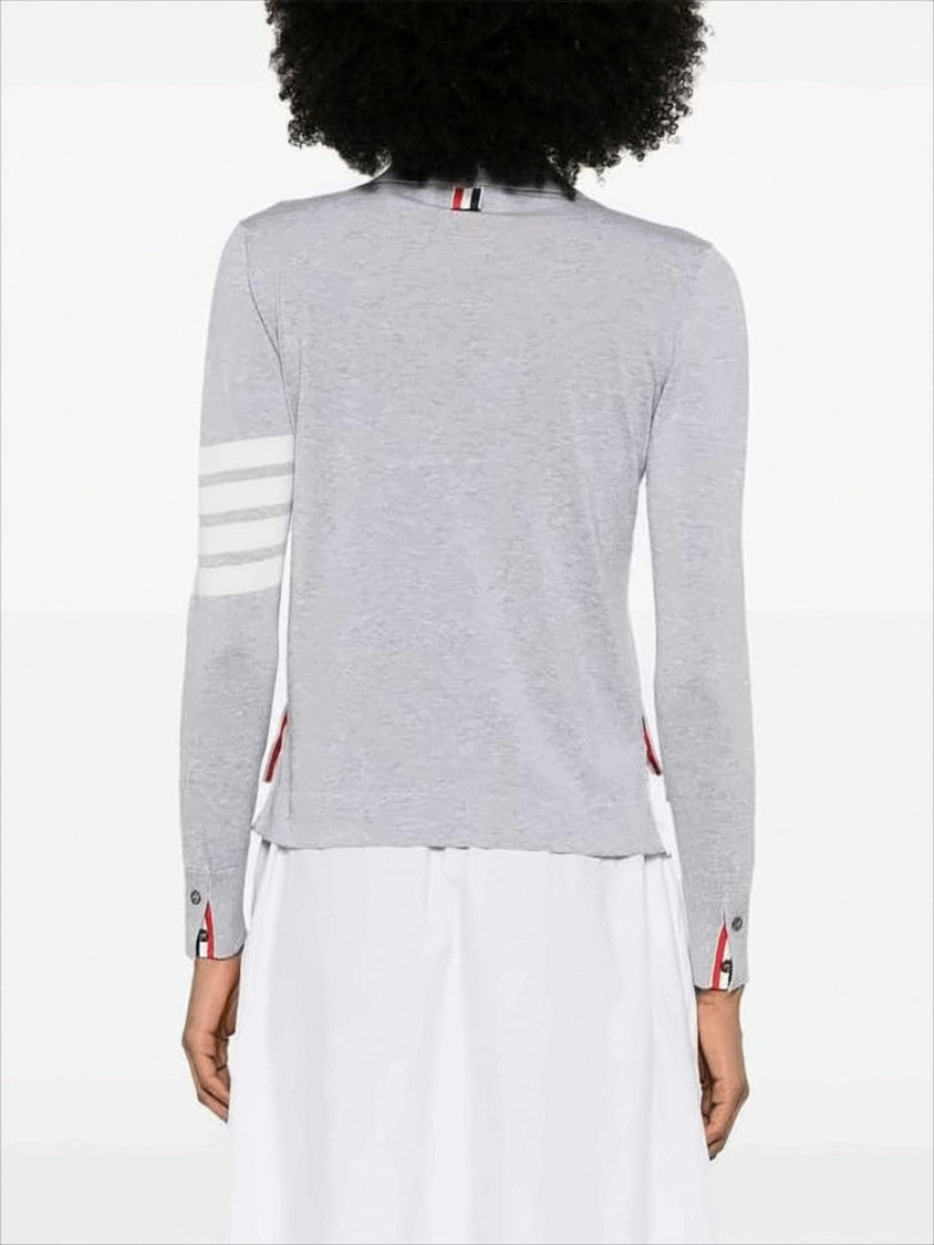 Thom Browne Light Grey Knit Sweater With Classic Collar And Striped Accents