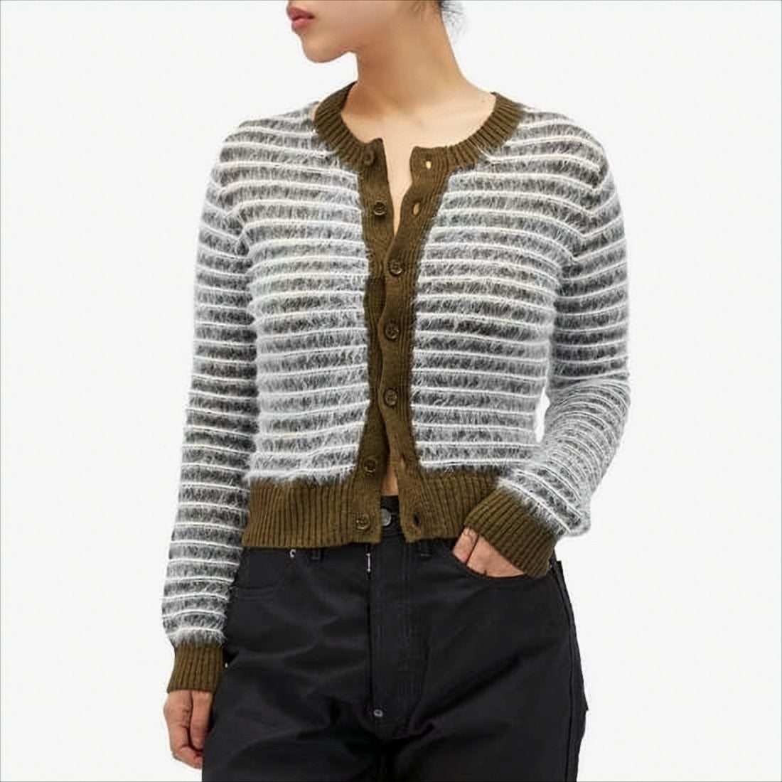 Mm6 By Maison Margiela Fuzzy Knit Cardigan With Textured Stripes And Button-Down Front