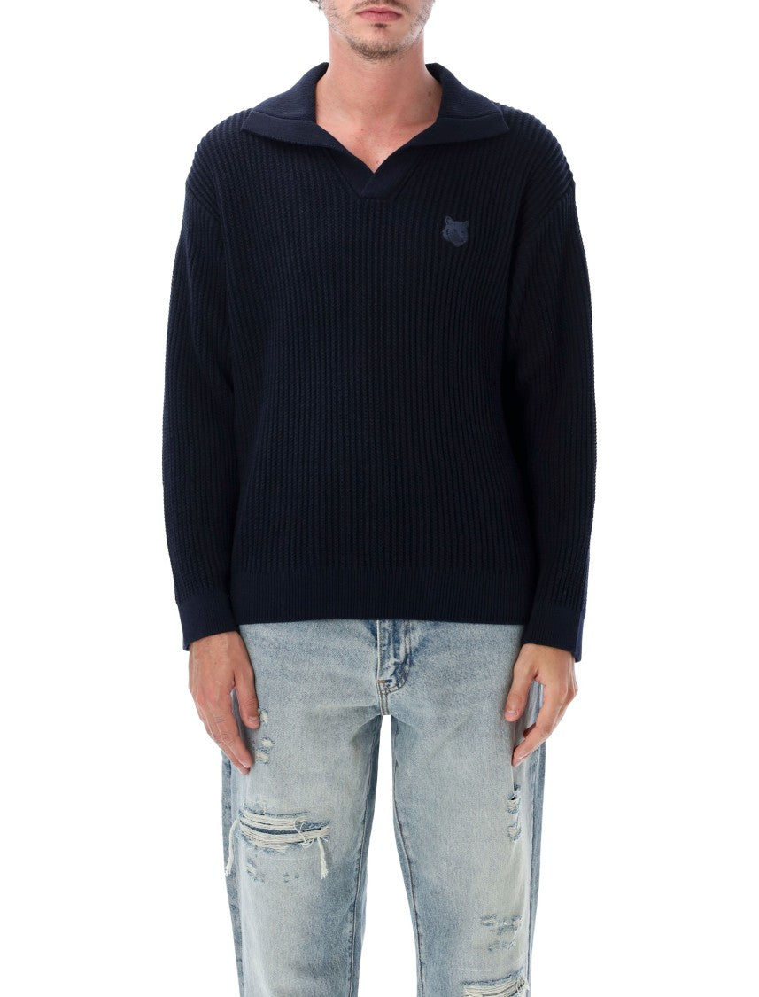 Maison Kitsuné Fox Head Ribbed Cotton Long-Sleeve Polo Shirt