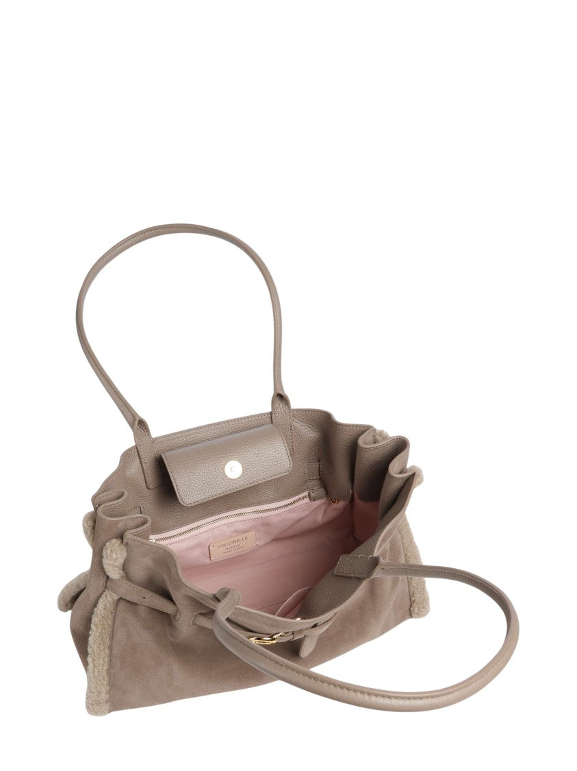 Coccinelle Soft Suede Tote Bag With Shearling Trim