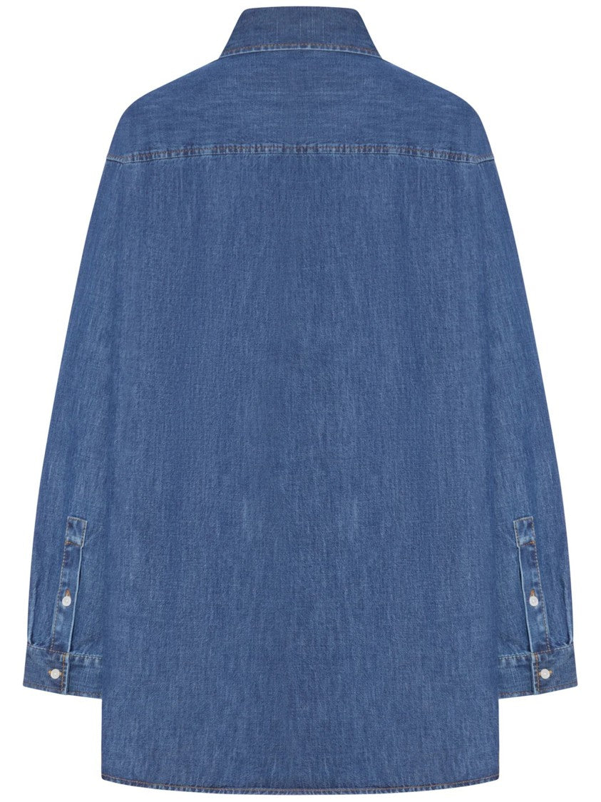 Valentino Blue Pointed Collar V-Detail Denim Shirt