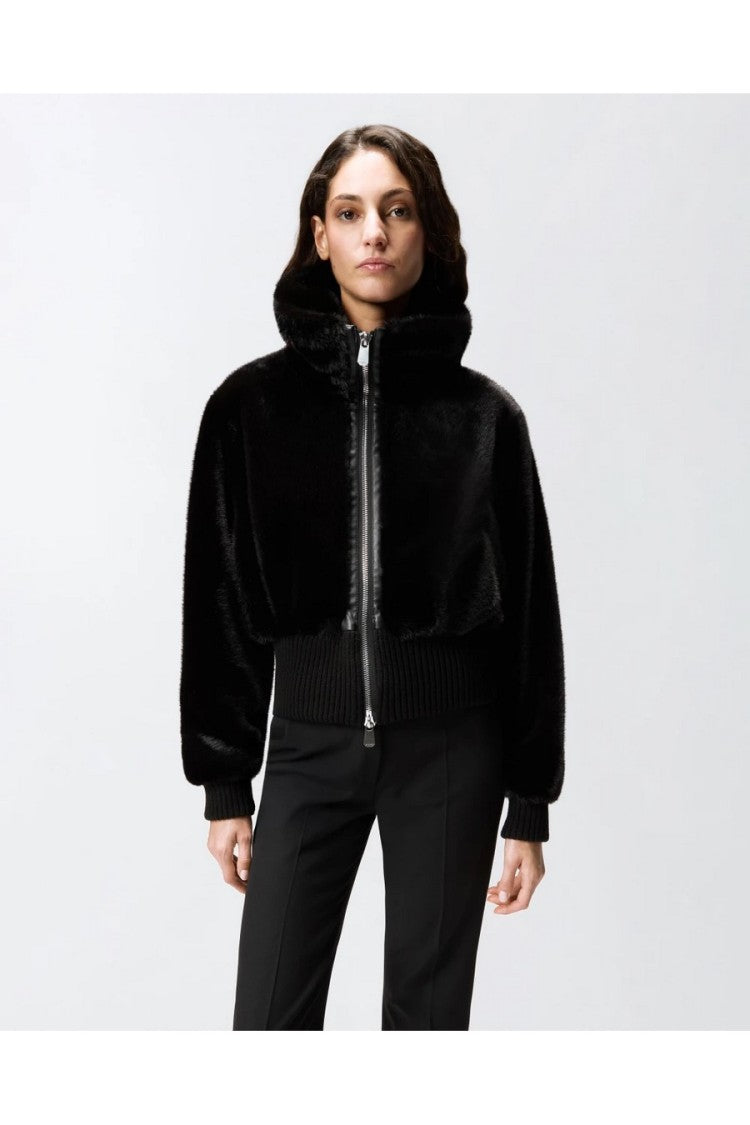 Pinko Black Polyester Faux Fur Hooded Bomber Jacket