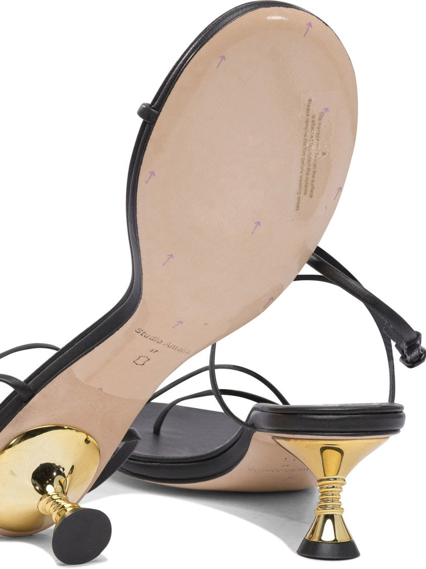 Studio Amelia Black Leather Sandals With Gold Accent Heel