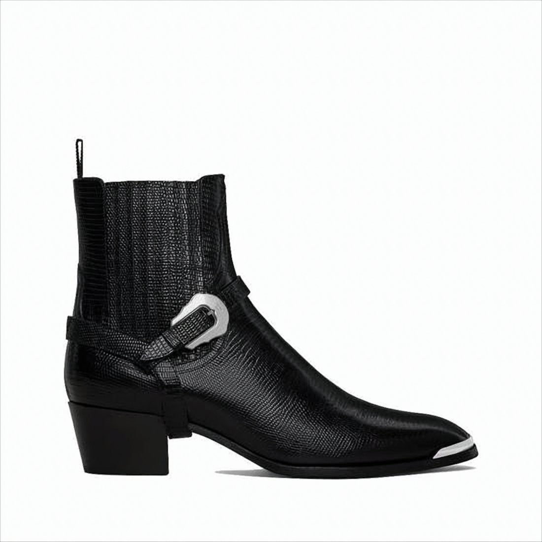 Celine Pointed Toe Black Calf Leather Ankle Boots With Silver Accent
