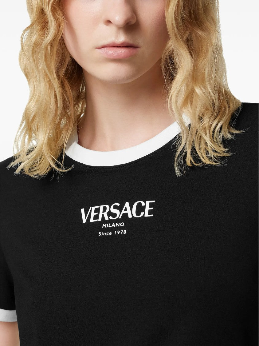 Versace Black Cropped Viscose Contrast Trim T-Shirt