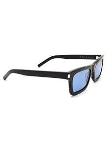 Saint Laurent Rectangular Black Acetate Sunglasses With Tinted Blue Lenses