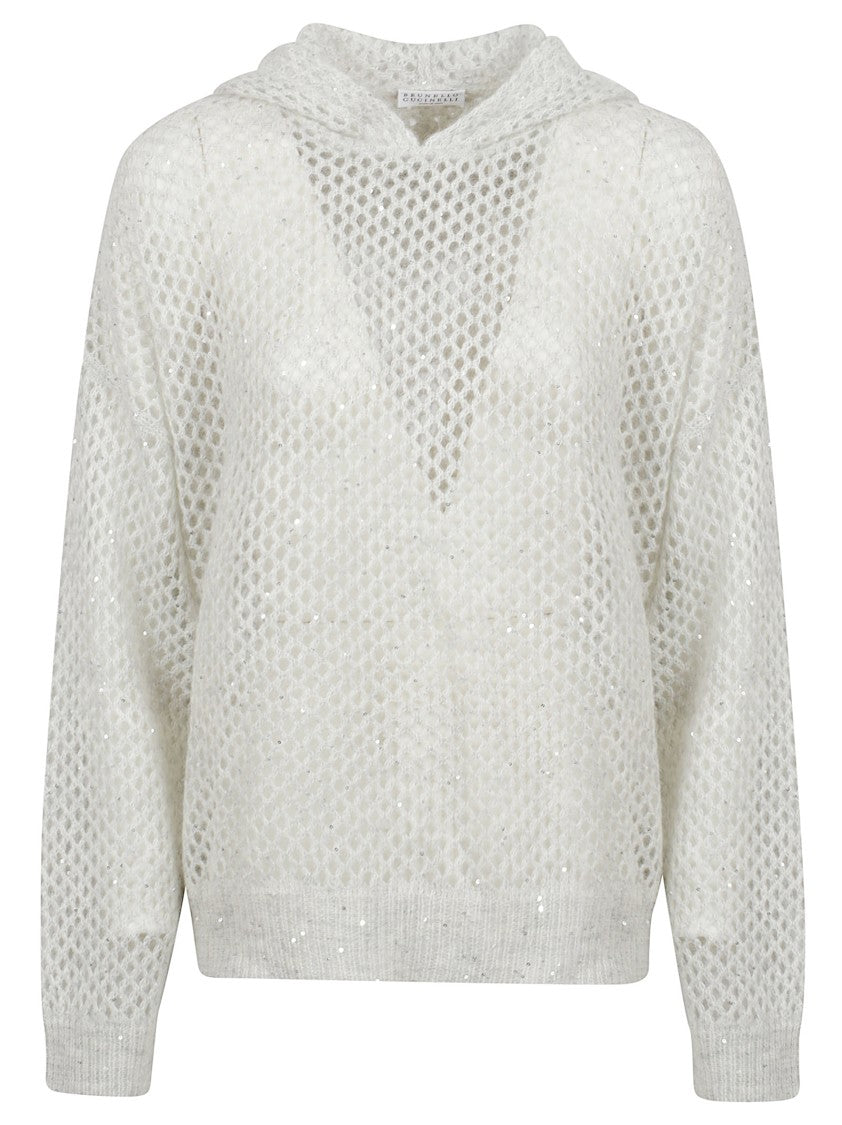 Brunello Cucinelli Sequin-Embellished Mesh Knit Sweater With Classic Hood