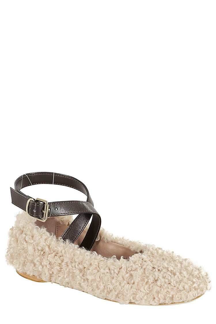 Semi Couture Ivory Ballet Flats With Faux Fur Textures