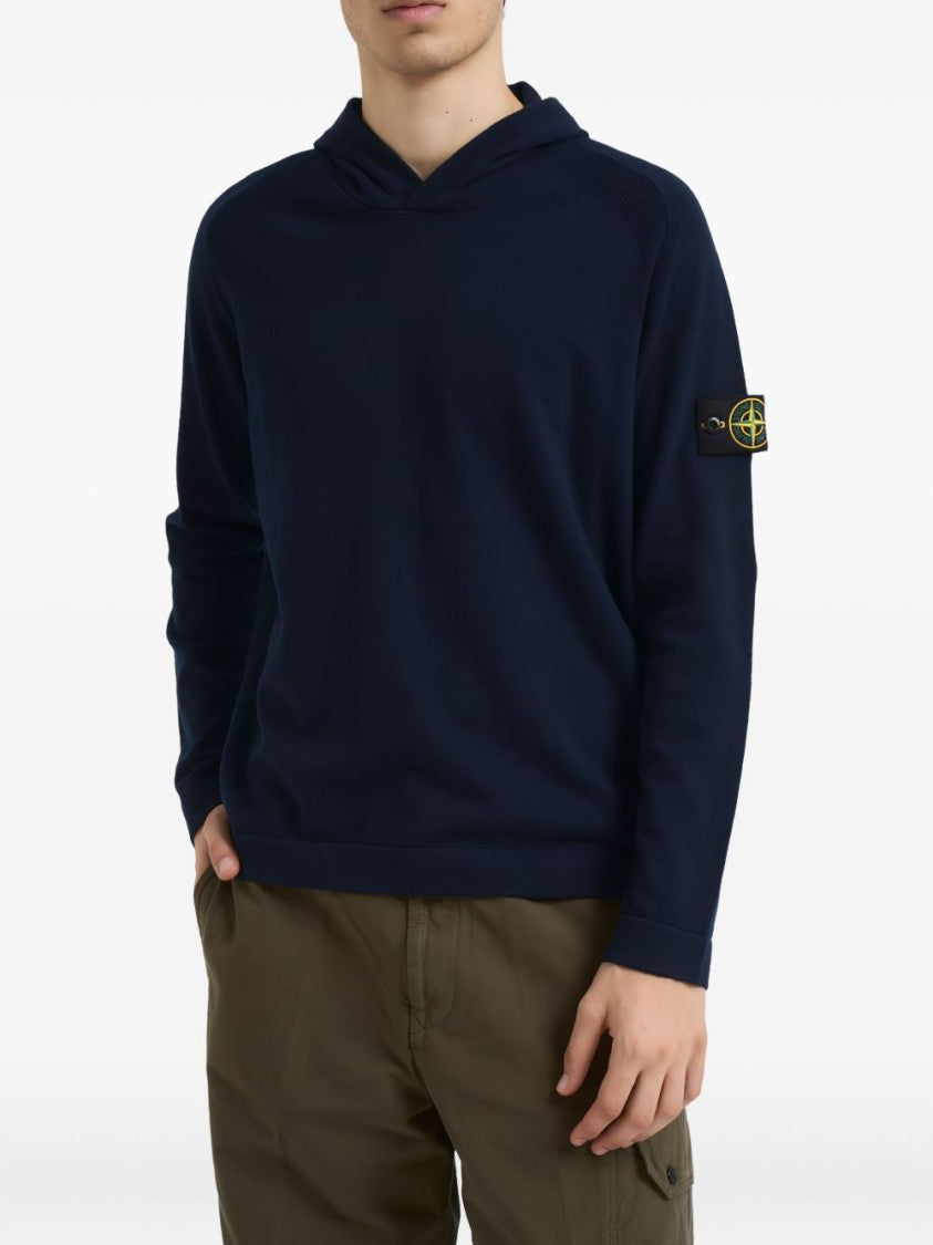 Stone Island Deep Blue Virgin Wool Hoodie With Distinctive Logo Badge