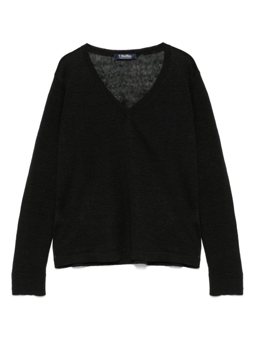 Max Mara V-Neck Black Linen Sweatshirt With Cropped Hem