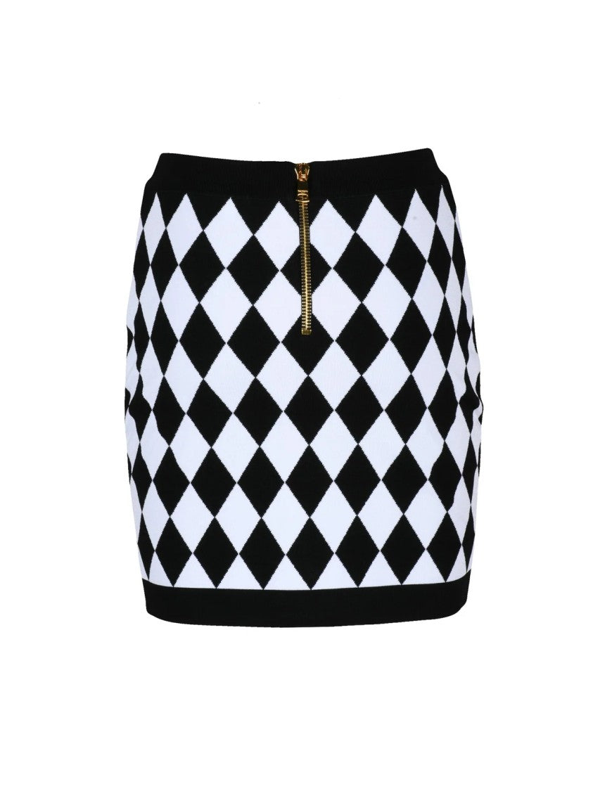 Balmain High-Waisted Stretch Knit Mini Skirt With Diamond Pattern