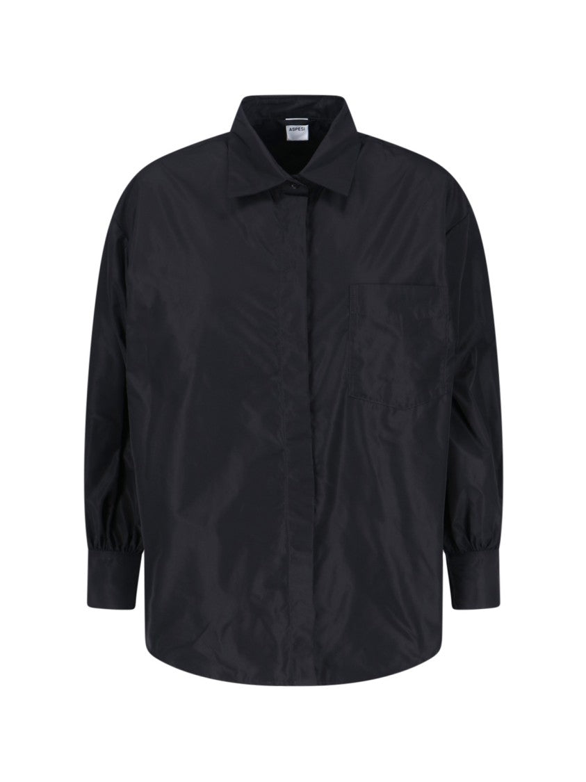 Aspesi Timeless Black Shirt With Pointed Collar And Curved Hemline
