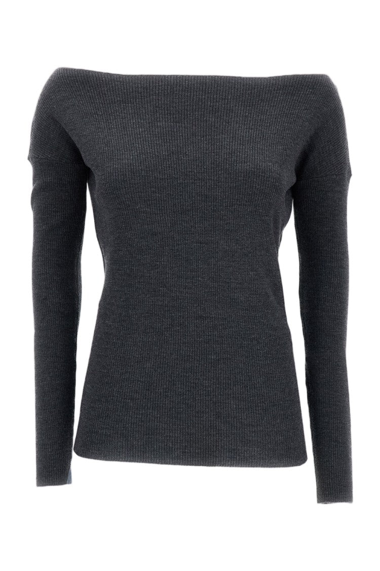 Parosh Grey Ribbed Wool Off-Shoulder Top