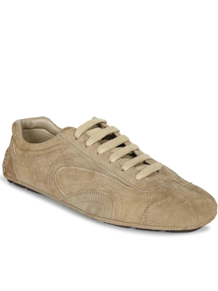 Prada Low-Profile Brown Suede Sneakers With Intricate Stitching