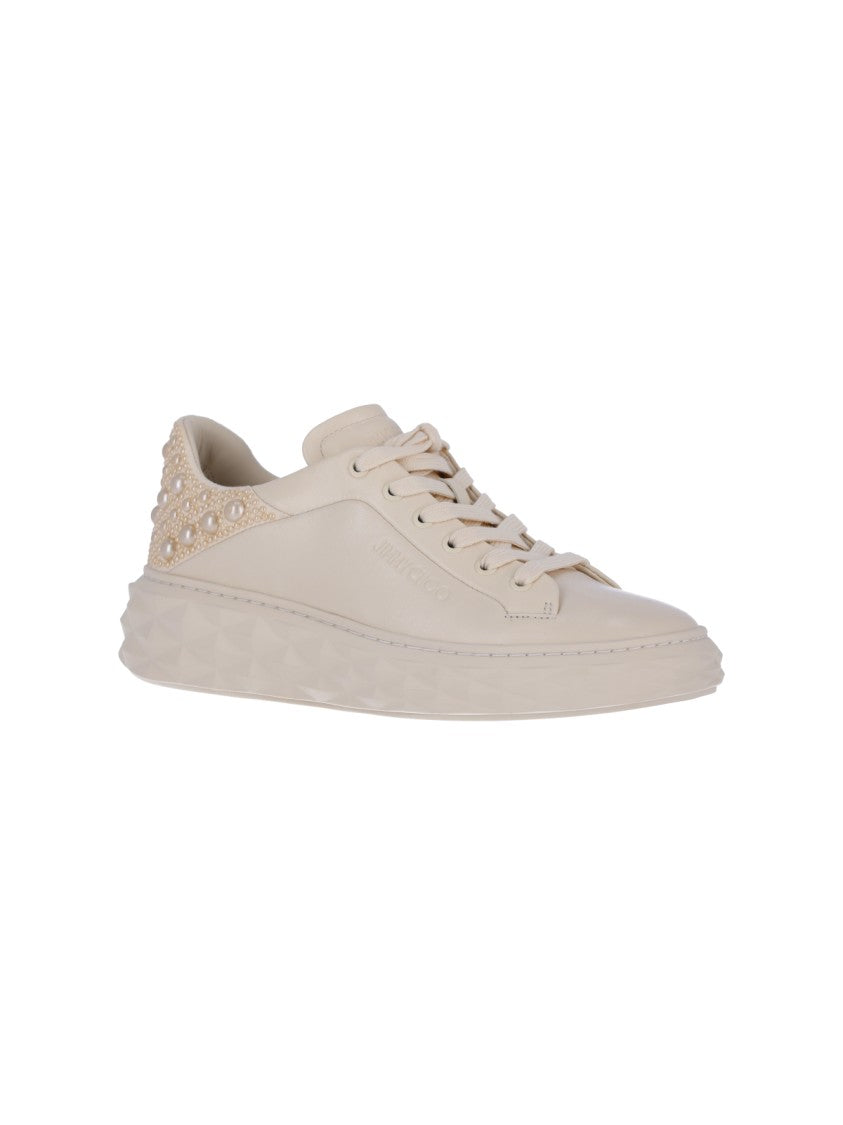 Jimmy Choo Cream Leather Textured Sole Pearl Detail Sneakers