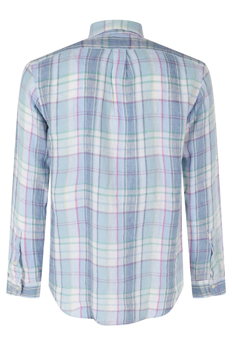 Polo Ralph Lauren Green Blue Plaid Button-Down Linen Slim Shirt