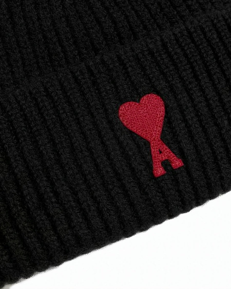 Ami Paris Ribbed Knit Beanie With Embroidered Heart Detail