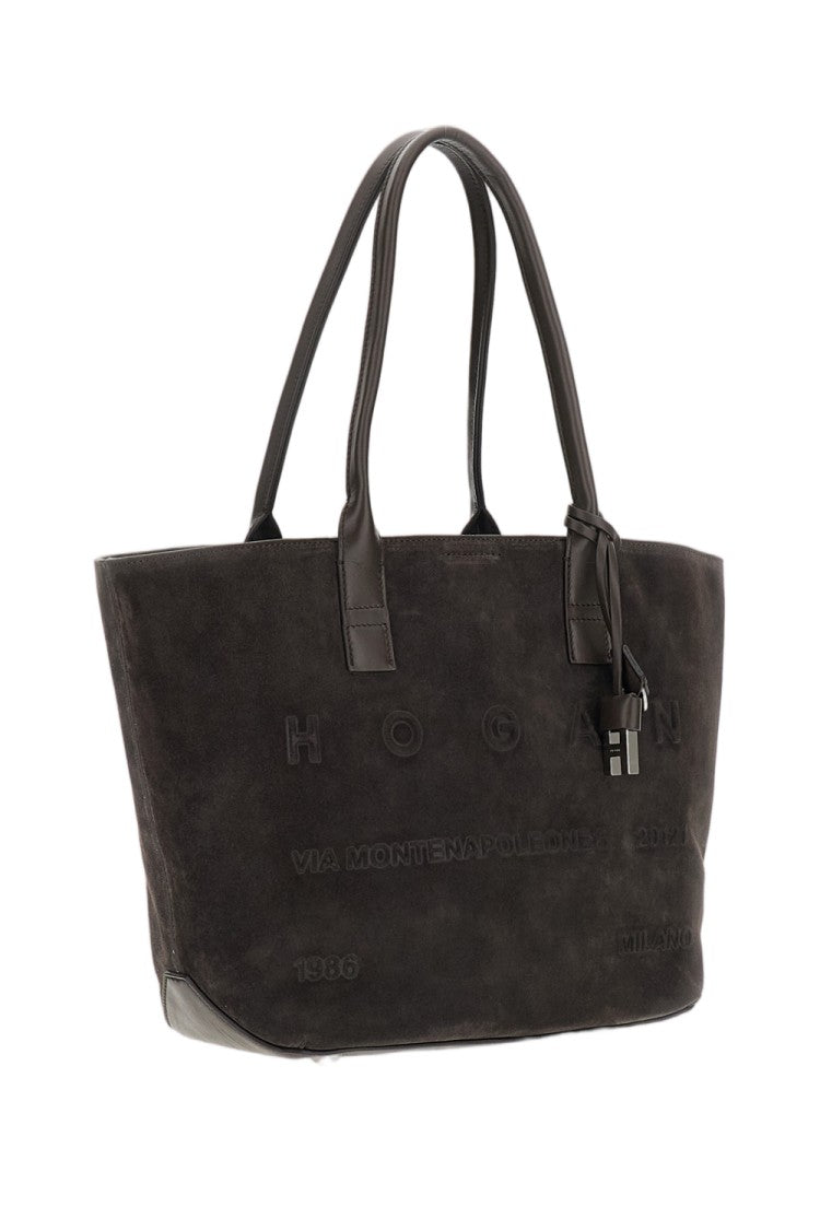 Hogan Small Suede Leather Tote Bag With Embossed Address Logo