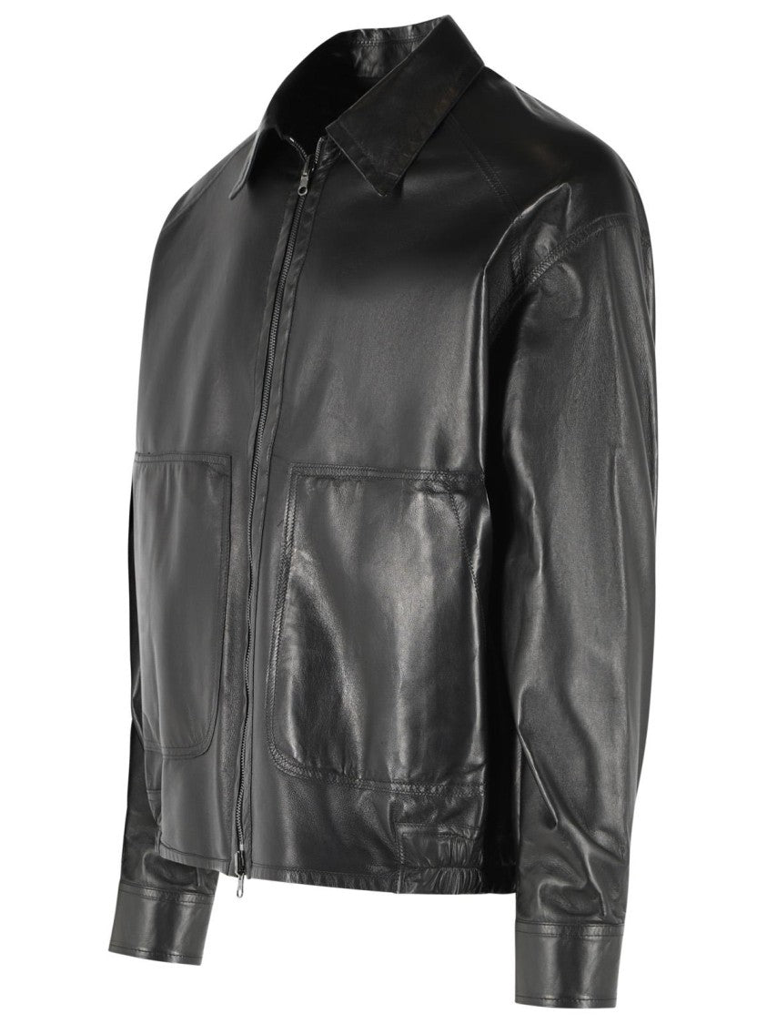 Salvatore Santoro Elastic Hem Pointed Collar Leather Jacket - Black
