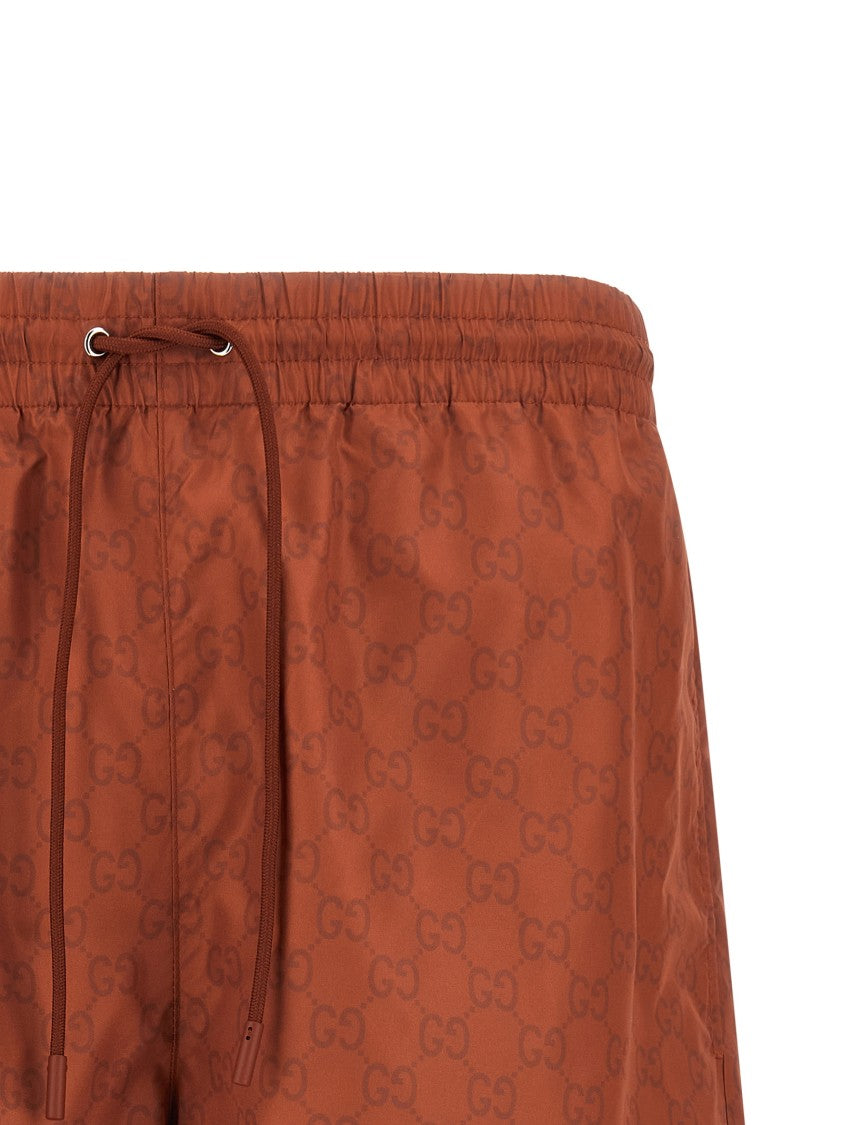 Gucci All-Over Gg Print Brown Swim Shorts With Drawstring Waistband