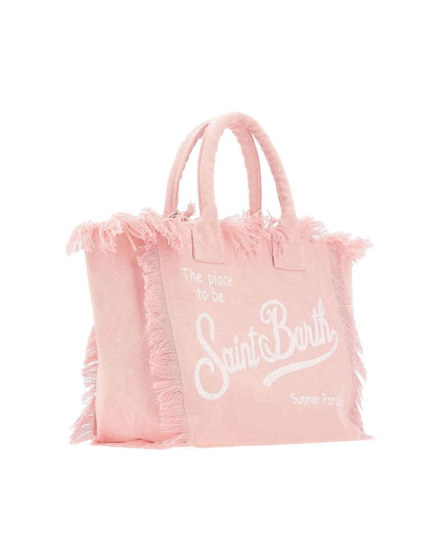 Mc2 Saint Barth Fringed Pink Cotton Canvas Tote Bag With Logo Design