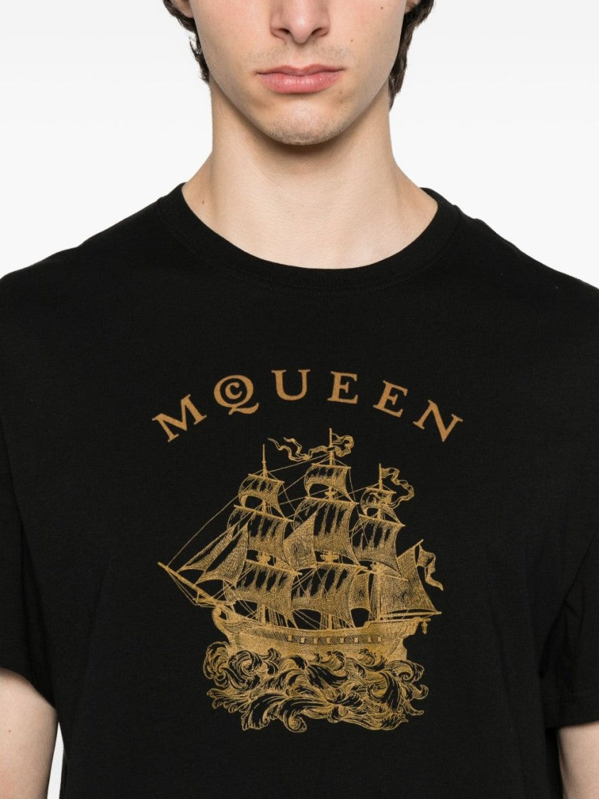 Alexander Mcqueen Graphic Sailing Ship T-Shirt With Gold Detailing