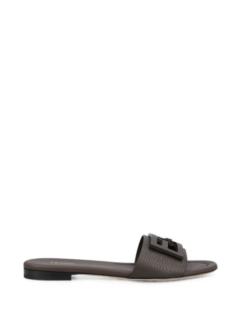 Fendi Tube Brown Pebbled Leather Bold Logo Sandals